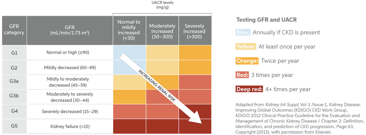 KDIGO monitoring considerations based on patient eGFR and UACR levels